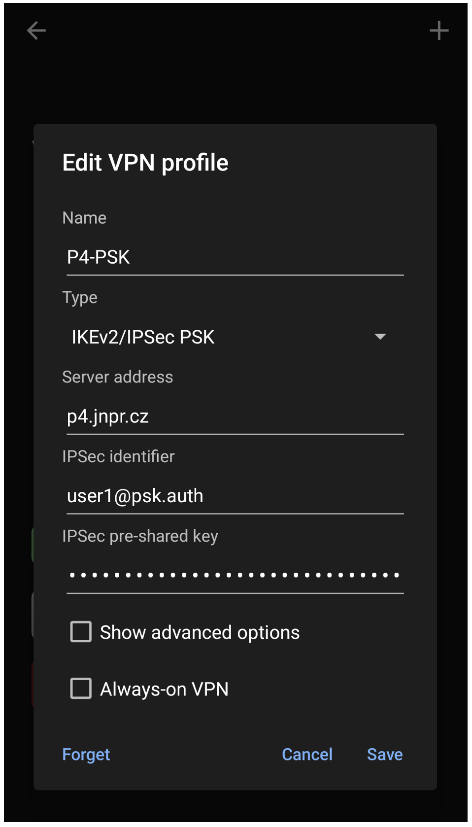 Android IKEv2/IPSec PSK Settings