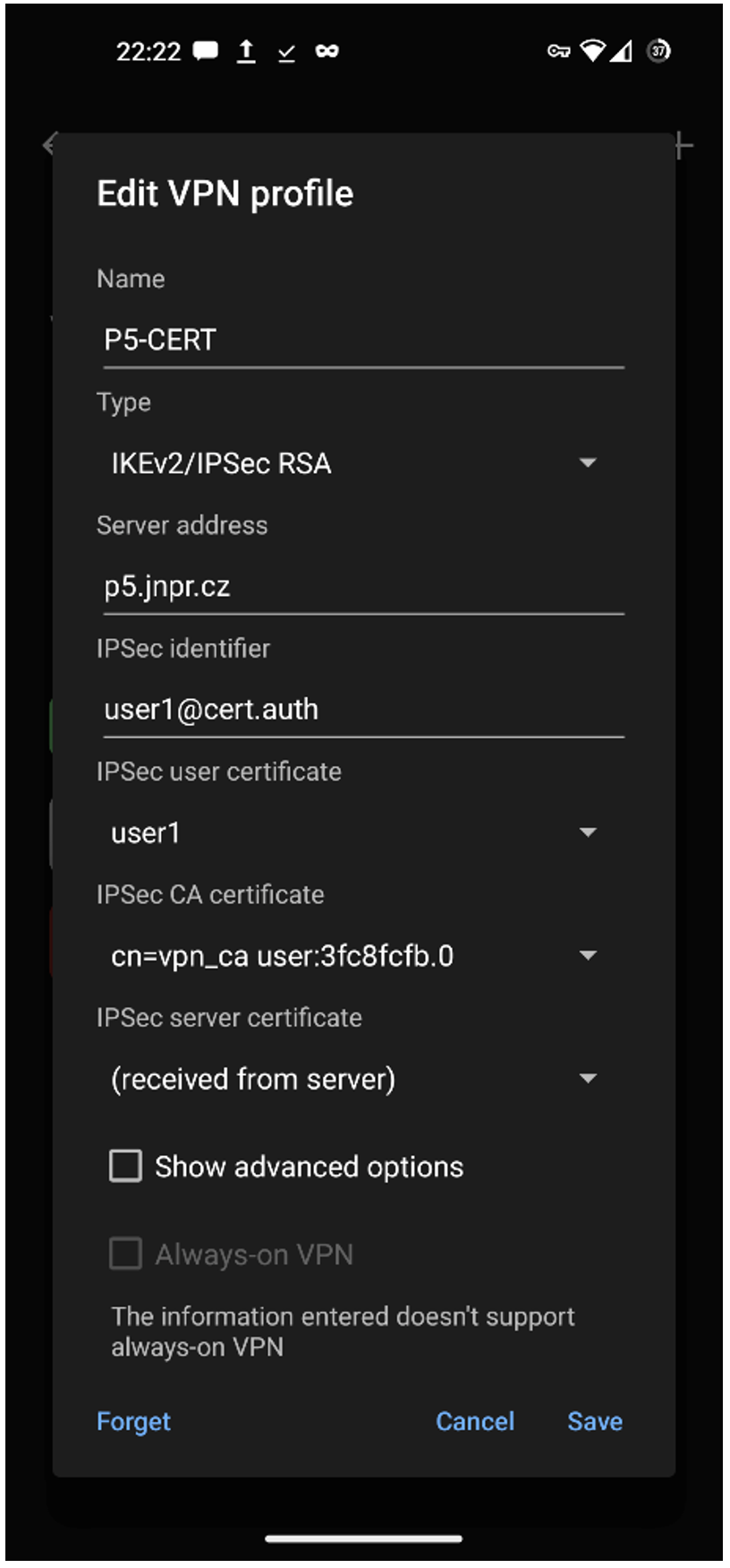 Certificate Authenticated VPN Settings