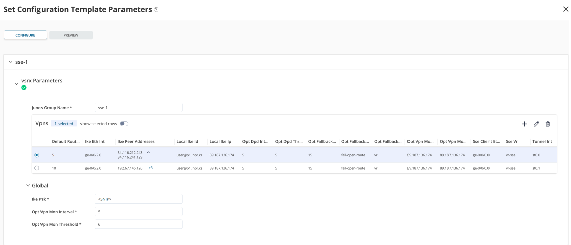 Sample template dialog for setting up VPNs, global settings and VPNs to POPs