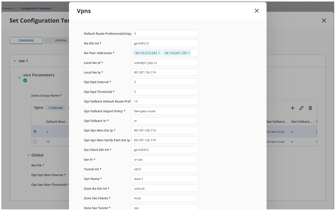 Configuration dialog for specific POP VPN