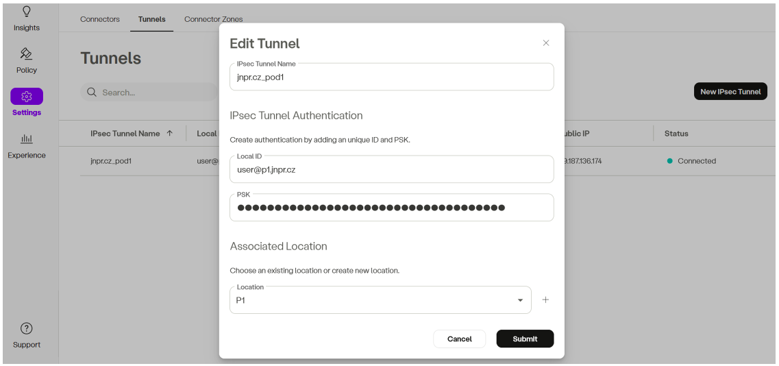 SSE admin portal IPSEC tunnel configuration