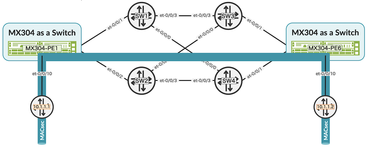 The MX carries MACsec transparently over the Layer 2 network.