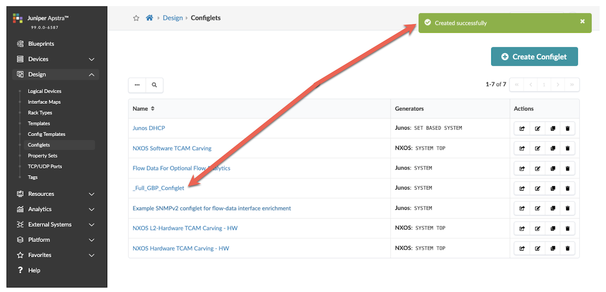 The imported configlet will appear in the list of configlets