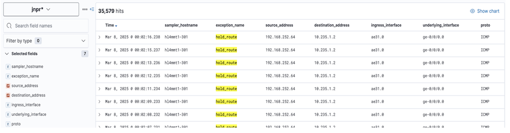 Select and display specific fields, such as interface names, exception codes, or timestamps.
