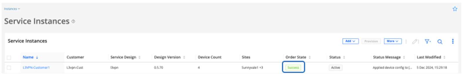Success L3VPN Service Provisioning Order State in PA GUI