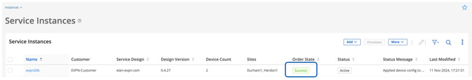 The service order status becomes "success" when the EVPN workflow is completed.