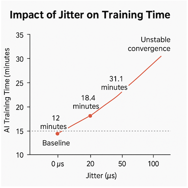 AI training time increases non-linearly with microsecond-scale jitter.