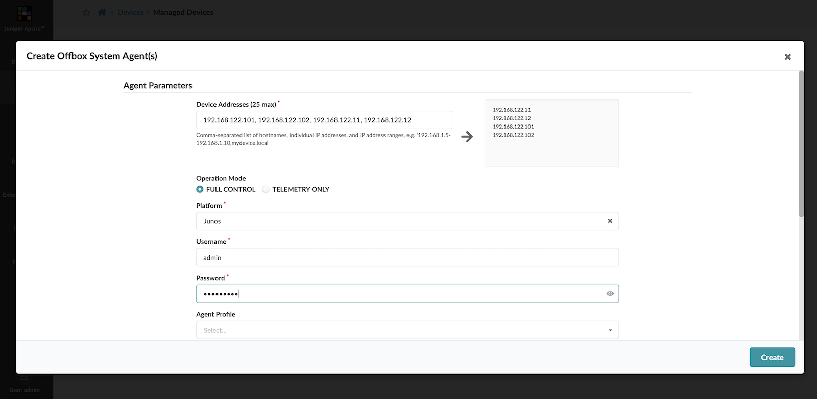 Device Agent creation in Apstra for vJunos-switch virtual nodes