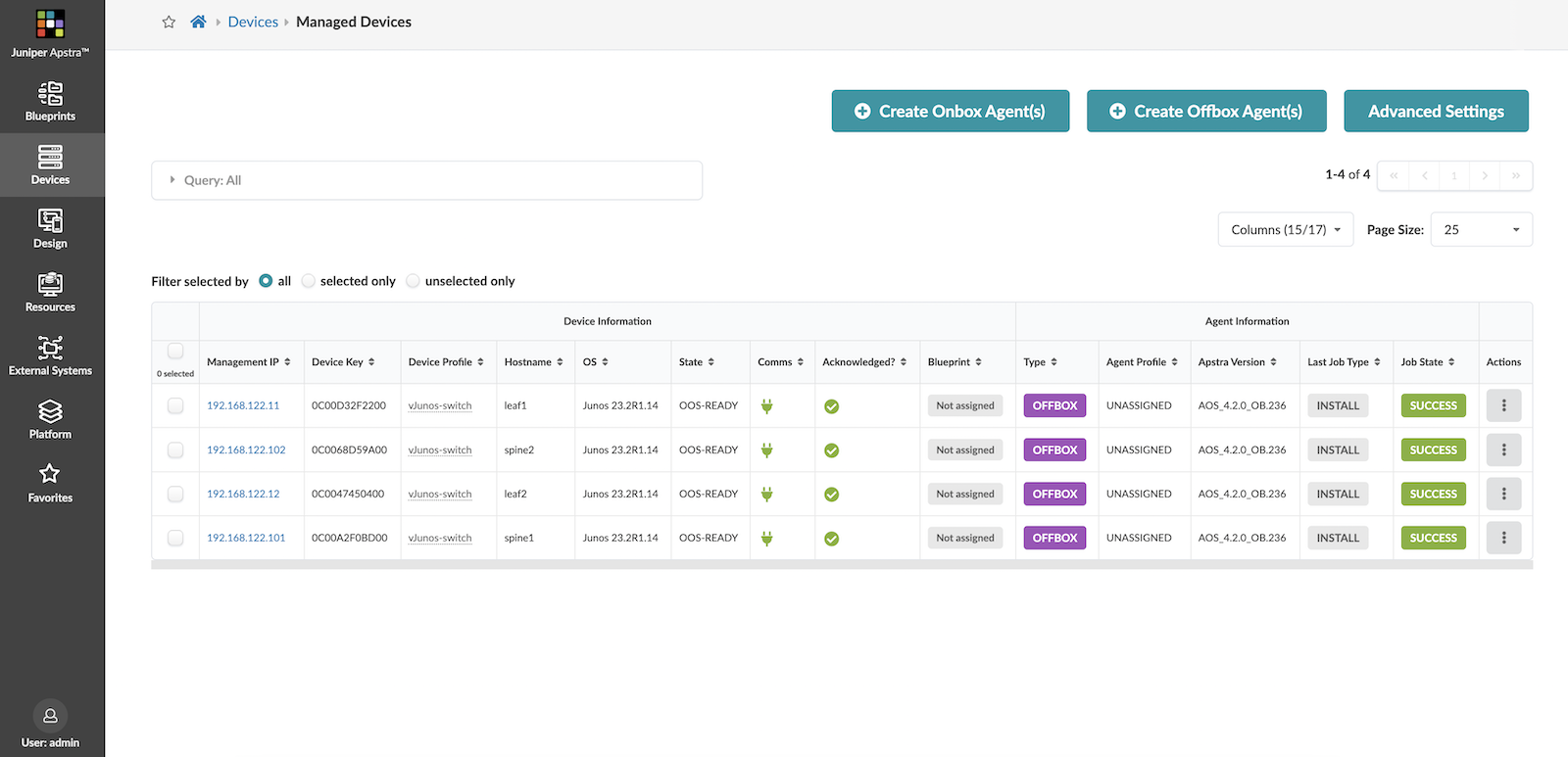 Device Agents created and acknowledged in Apstra