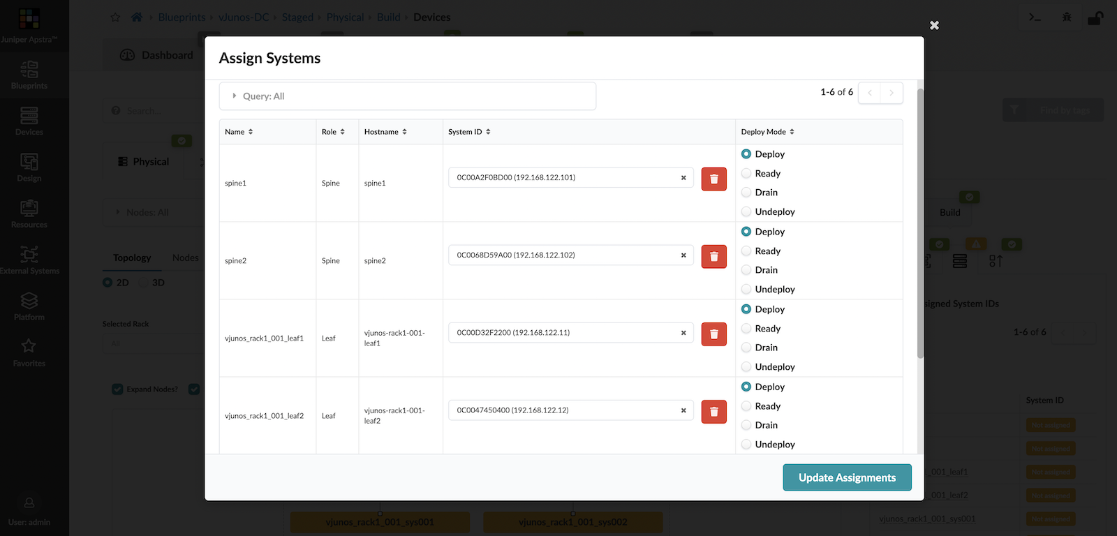 System IDs mapped in Apstra for the corresponding vJunos-switch devices