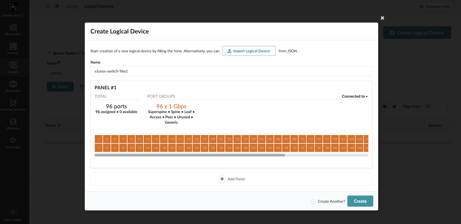 vJunos-switch Logical Device created in Apstra