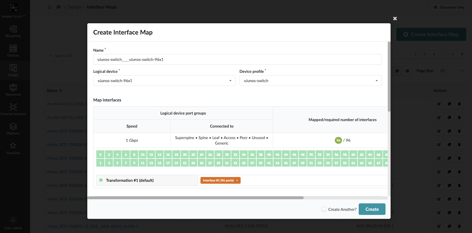 vJunos-switch Interface Map created in Apstra