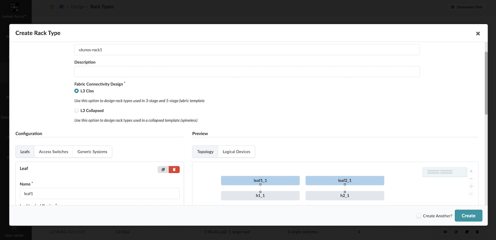 vJunos-switch based Rack Type created in Apstra